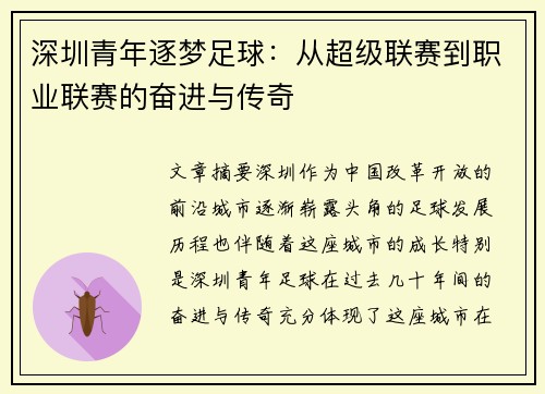 深圳青年逐梦足球:从超级联赛到职业联赛的奋进与传奇 深圳青年逐梦足球:从超级联赛到职业联赛的奋进与传奇