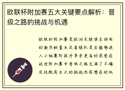 欧联杯附加赛五大关键要点解析:晋级之路的挑战与机遇 欧联杯附加赛五大关键要点解析:晋级之路的挑战与机遇